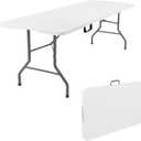 Fivenl 5 Feet Portable Folding Table White, Steel Legs Fold-in-Half with Carrying Handle Rectangular Plastic Foldable Table for Party, Wedding, Camping, Picnic, Dining, Indoor Outdoor Events