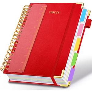 Hardcover Spiral Notebook 8"x10" Journal Notebook with Tabs and Removable Dividers 300 Pages 5 Subject Notebook College Ruled, Faux Leather Spiral Bound Notebook for Women, Students, School Work (Red)