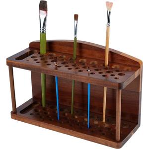 PH PandaHall 2-Tier Wood Paint Brush Holder 44-Slots Pen Display Stand Pencil Holder Rack Watercolor Brush Holding Rack Makeup Brush Organizer for Desk School Office Home Store Art Supply Storage