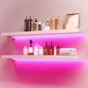 BAMEOS Floating Shelves with RGB LED, 31" Wooden Wall Shelves with Invisible Brackets, Set of 2, Wall Mounted Display Shelves Decoration for Bedroom, Bathroom, Living Room, Kitchen (White)