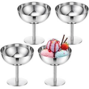 4 PCS Stainless Steel Ice Cream Cup, 7 Oz Serving Dessert Bowls | Silver Coupe Glasses High Dessert Footed Bowl for Sundae Fruit Pudding Small Snacks Sauce Condiment Summer Party