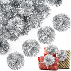 Yunlly 40 Pcs 4 Inch Christmas Tinsel Bows for Gift Wrapping Self Adhesive Pom Poms Colored Tinsel Bows for Crafts Presents Baskets Christmas Tree Decoration (Silver)
