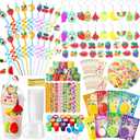 FoldTier 189 Pcs Fruit Party Favors Fruit Themed Party Decorations Gift Cup Silicone Ring Keychain Slap Bracelet Reusable Drinking Straws Stickers Stamp Thank You Tags for Kids Classroom Prizes