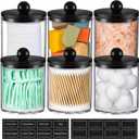 6 Pack Acrylic Qtip Holder Dispenser for Cotton Swabs, Balls, Pads, Floss - Plastic Canister Apothecary Jar Set, Bathroom Essentials Accessories Decor Vanity Makeup Storage Organizer - Clear & Black
