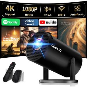 [Built-in Apps & 2026 Upgraded] Mini Projector Support 4K 1080P Auto Keystone 180 Rotatable with WiFi 6 and Bluetooth 5.4, Projector Portable Compatibile with HDMI/TV Stick/Memory Stick/Laptop-Black