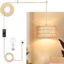 Plug in Pendant Light Rattan Hanging Lamp, Boho Hanging Lights with Paper Woven & Fabric 2 in 1 Shade, 3-Way Dimmable Bulb Included, Ceiling Light Fixture for Living Room, Bedroom, Farmhouse