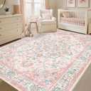 CAPALOCA Machine Washable Rugs Nursery Rug 6x9 Cute Girl Non Slip Low Pile Water Repellent Soft Print Pattern for Bedroom Indoor Decor Kids Playroom Pink Teal