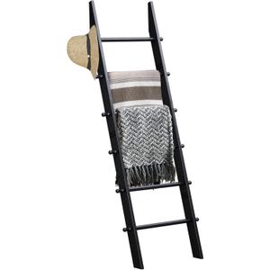 5-Tier Blanket Ladder with Hanging Knobs, 4 Ft Wall Leaning Blanket Ladders for Living Room Bedroom, Rustic Decorative Storage for Quilts, Throws, Easy to Assemble, Black