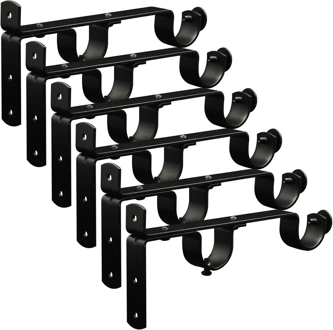 Curtain Rod Bracket, Double Heavy Duty Curtain Rod Hooks 1 Inch Black Curtain Rod Holders Hangers for Wall, 6 Pack Drapery Rods Support Brackets for Drape Poles