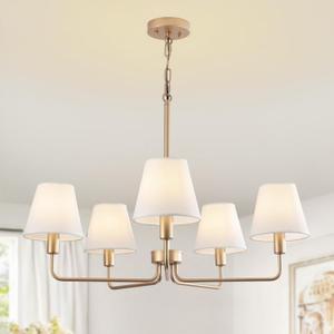 Farmhouse Chandelier, Gold Modern Dining Room Light Fixture with White Fabric Shade, 5-Light Height Adjustable Industrial Pendant Island Light Fixture for Foyer Entryway Hallway Kitchen Bedroom