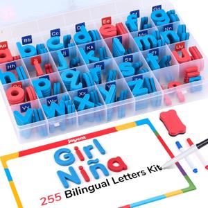 JoyCat Bilingual Magnetic Letters Kit 255 Pcs – Spanish & English Foam Alphabet Set with Double-Side Magnet Board, ABC Learning for Kids Spelling, Phonics & Language Practice, Large