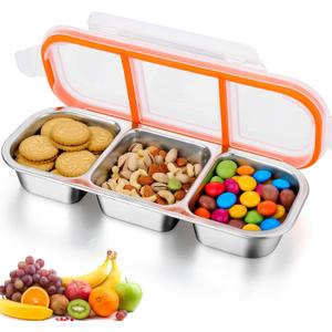 AIERSA 3Pcs Stainless Steel Snack Containers with Lids, Metal Snack Containers, 3 Compartment Food Container, Reusable Snack Container Stainless Steel
