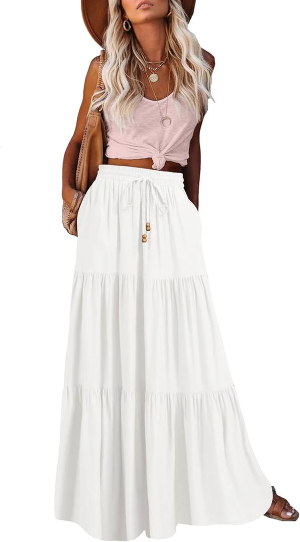 HAEOF Women's Summer Boho Maxi Skirt A-Line Flowy Ruffle Tiered Elastic High Waist Beach Long Skirts with Pockets (Medium, White)
