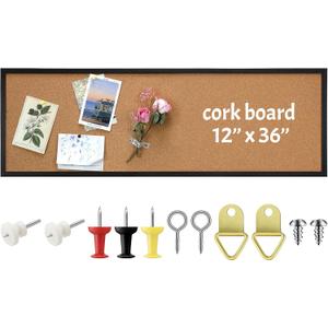DoubleFill Cork Bulletin Board Framed Large Wall Mounted Corkboard with Installation Kit, Push Pins for Home and Office Decor, School Message or Vision Background(Black), 36.8" x 12.8"