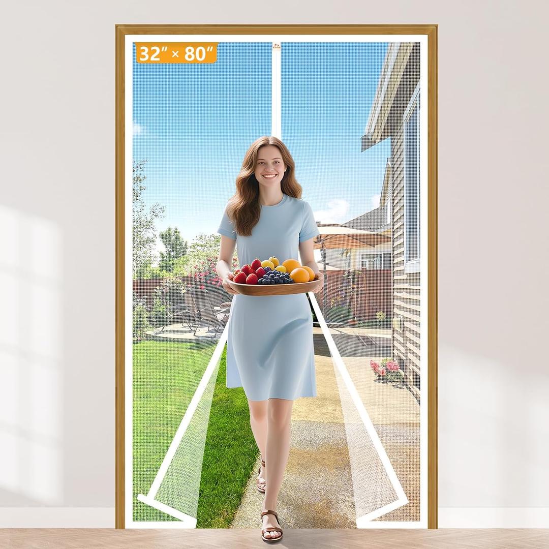 Yotache Magnetic Screen Door for 32x80 Doors, Screen Size 34"x81", High Density Screen Mesh with Windproof Hasp Design for Front/Back Walk Through Door, White
