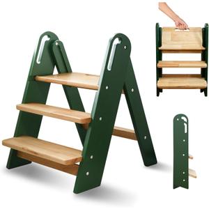 Step Stool for Toddler, 3-Step Kids Step Stool for Bathroom Sink, Foldable Toilet Potty Training Stool with Handles, Child Kitchen Counter Stool Helper Wooden Ladder for Toddlers (Green)