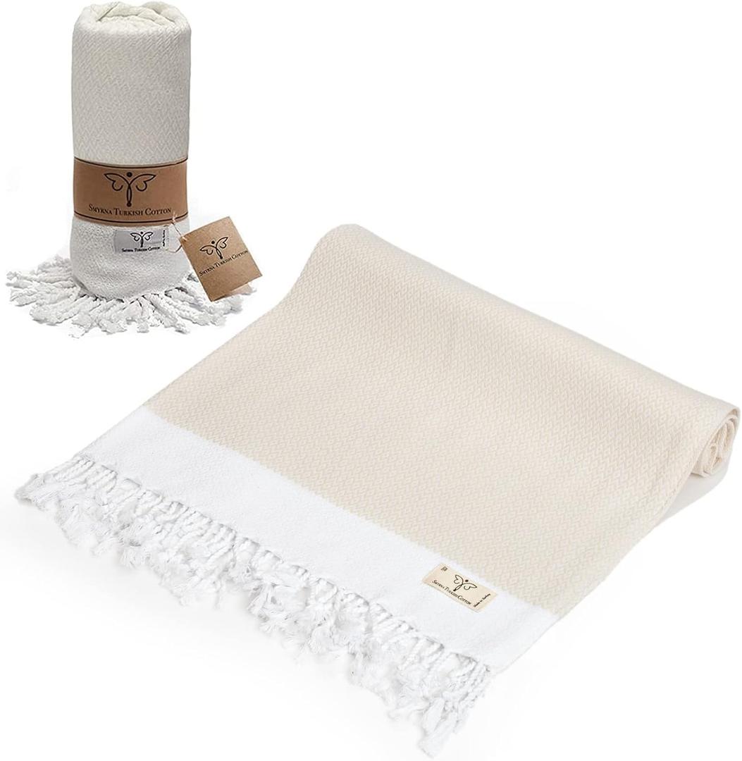 SMYRNA TURKISH COTTON Original Turkish Beach Towel | Prewashed, 37 x 71 Inches | Peshtemal and Turkish Bath Towel for SPA, Beach, Pool, Gym and Bathroom, Cream