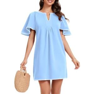 HOULENGS Women's Summer Flutter Short Sleeve A Line Mini Dress Casual Contrast Trim V Neck Short Dress with Pockets, Size: S