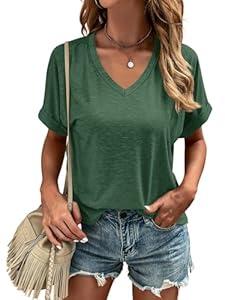 Liooil Women's Tshirts V Neck Short Sleeve Summer Tops Casual Basic Tee Shirts (Medium, Green)