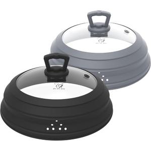 Microwave Splatter Cover Vented Glass Splatter Guard Lid with Collapsible Silicone for Food as Pot Covers 11.8 inch Large 2 Pack (BLACK&GREY 2SET)