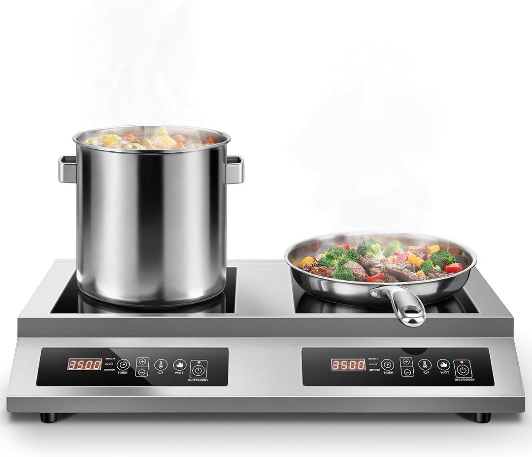 7000W Commercial Double Induction Cooktop Countertop Stainless steel,10 temp and power levels,4-hour timer,100% copper coil, fits all cookware, wiring type, no plug
