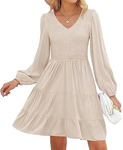 ZESICA Women's Casual V Neck Long Sleeve Smocked High Waist Ruffle A Line Tiered Mini Dress, Beige, Medium