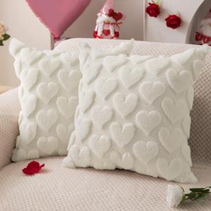 DFXSZ Valentines Pillow Covers 18x18 inch Set of 2 Valentines Day Decoration Cream White Heart Soft Plush Faux Fur Jacquard Throw Pillows for Bedroom Sofa Holiday Festivals Home Decor PTK017C18