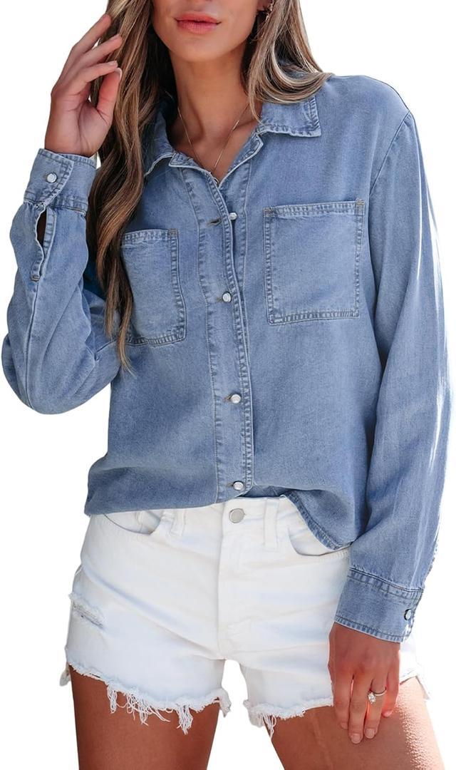Sidefeel Women's Denim Shirts Button Down Jean Shacket Spring Outfit 2025 Long Sleeve Chambray Blouse Top (Medium, Light Blue)