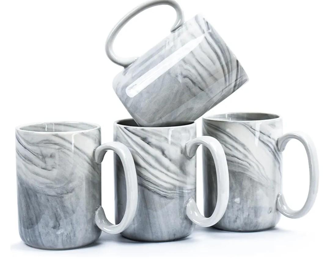 Coffee Mugs Set of 4,16 OZ Large Tea Cups, Grey Marble Ceramic with Big Handle,Bulk Marble Diner Mugs Set for Latte, Beer,Cappuccino,Microwave Dishwasher Safe Cup for Men Women Gift