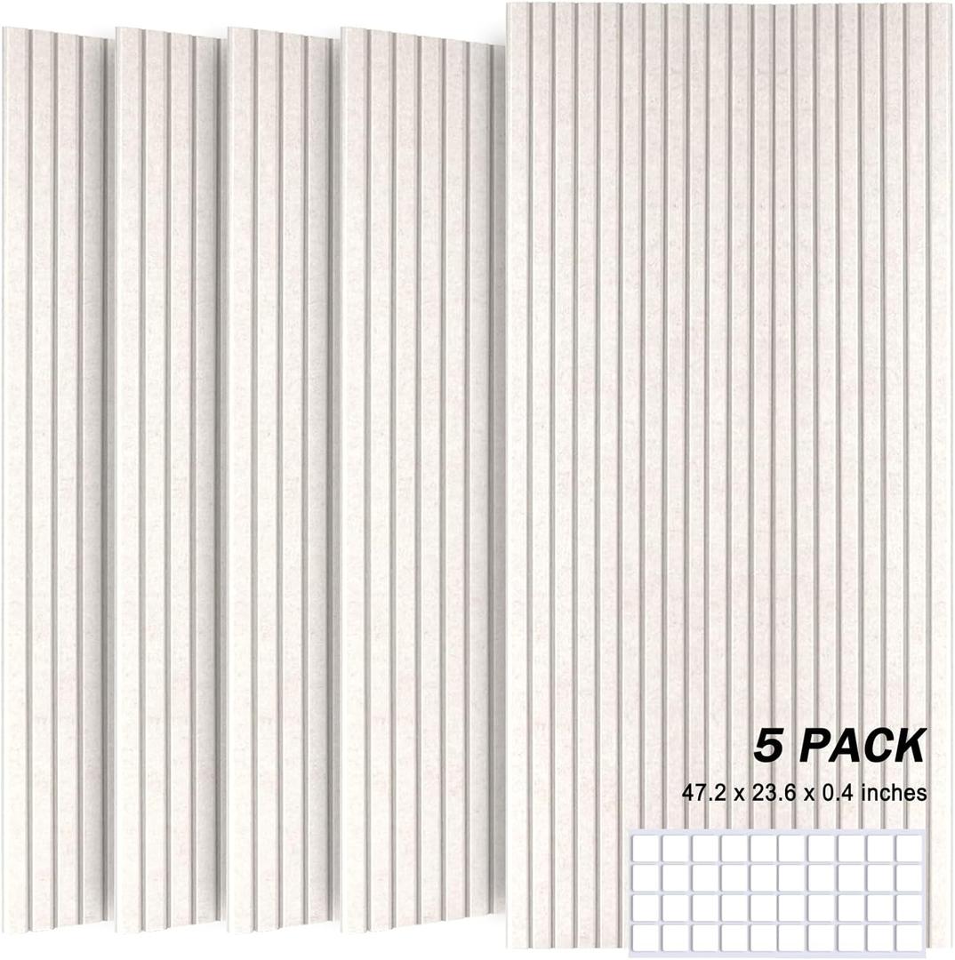 5 Pack Acoustic Panels, 47.2" X 23.6" X 0.4" Decorative Sound Proof Felt Panels, Sound Dampening Panels, Self-Adhesive Sound proof panels for walls, Creative Slotting Design. (Light Camel)
