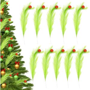 10 Pcs Christmas Green Curly Stems,Christmas Tree Topper Decro,Artificial Green Stems with Glitter Red Ball for Christmas Tree Topper Faux Pampas Grass Decro for Home Table Wreath Xmas Party