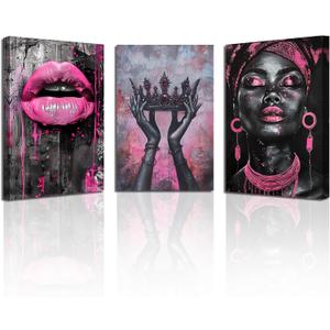 PBXBJY African American Wall Art African Girl Canvas Prints 3 PCS Black Queen with Pink Crown Lips Painting Black Woman Picture Framed Home Office Decor (16.00" x 24.00" x 3PCS)