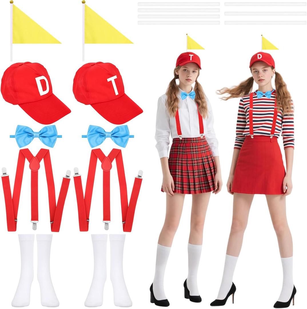 10 Pcs Halloween Costume Set 2 Red Silly Hat with Flag 2 Adjustable Elastic Y Back Suspenders 2 Blue Bow Tie 2 Pair White Stocking Set for Women Men Halloween Cosplay