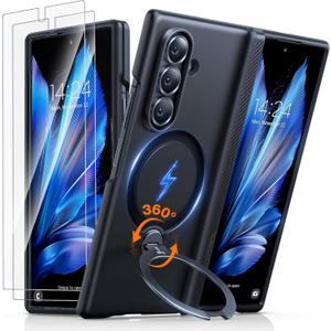 TORRAS 360 Spin Magnetic Stand for Galaxy Z Fold 7 Case, MILGrade Hinge Protection, Fit for Magsafe, 360 Kickstand & Ring Holder, Armor Hard Slim Case for Samsung Galaxy Z Fold 7, Black