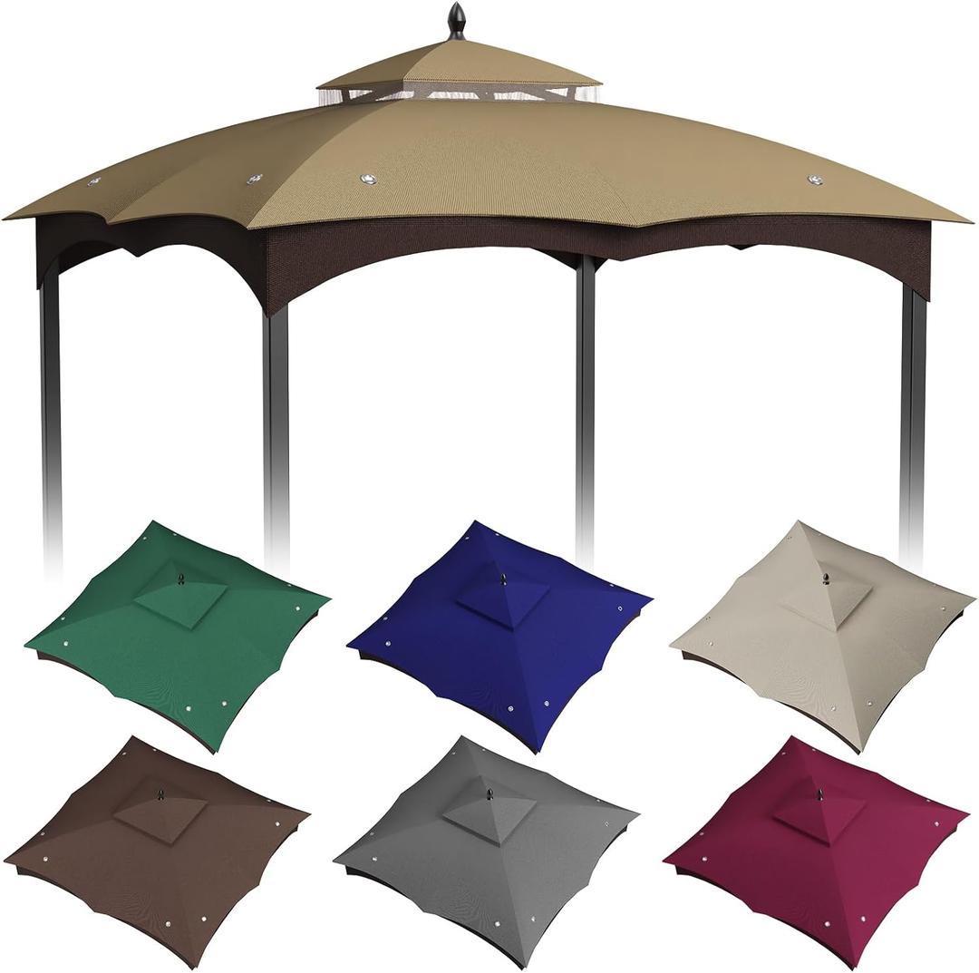 10x12ft Canopy Replacement Top for Lowe's Allen Roth Gazebo #GF-12S004B-1, Two Tiered Waterproof Gazebo Cover Roof with 8 Drainage Holes for BBQ Outdoor, Khaki