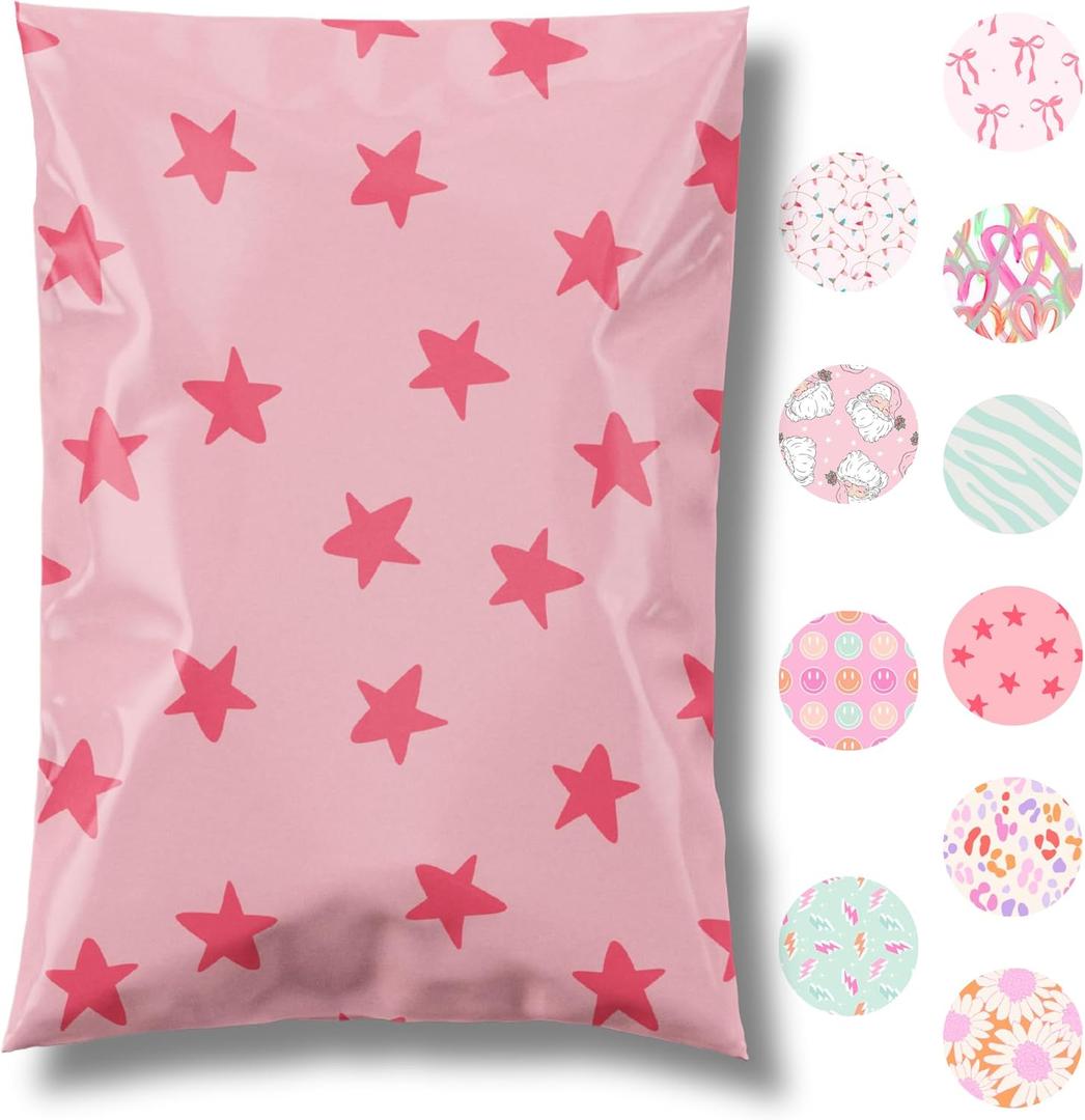 6x9 Designer Poly Mailer 100 Pack Heavy Duty Waterproof Self Seal Shipping Bags for Small Business Large Mailing Envelopes Bulk Tear Resistant Cute Packaging Seeing Stars Pink