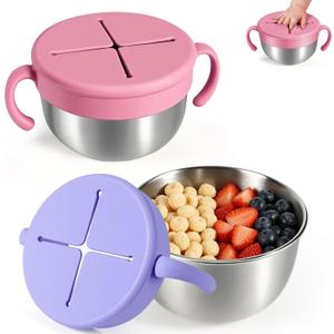 Snack Cups, 2 Pack Stainless Steel Toddler Snack Containers, Spill-Proof Snack Bowls, Silicone Removable Lids & Handles, Food Storage Containers, Dishwasher Safe Snack Container, Baby Shower Gifts