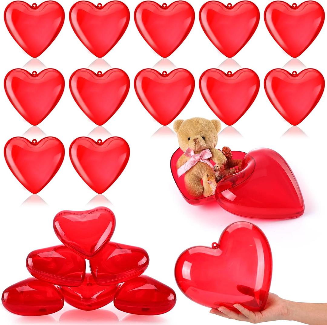 Lallisa 12 Pack 4.7 Inch Large Valentines Hearts Containers for Candy Fillable Plastic Hearts Bulk Valentines Day Party Favors Plastic Container for Treat Gift Exchange Classroom Party Supplies