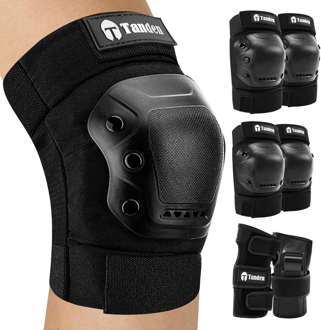 Skateboard Protective Gear Knee Pads and Elbow Pads Set, Elbow and Knee Pads for Roller Skating Wrist Guards Skateboarding Pads (Adult (14+ years), Black)