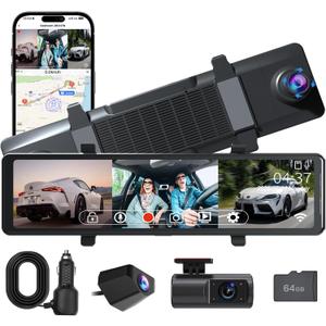 3 Channel Mirror Dash Cam,12" Front 4K+Inside 1080P+Rear 1080P Triple Rear View Mirror for Cars, 5.8GHz WiFi, Night Vision, G-Sensor, Reverse Assist, Includes 64GB Card (Black)