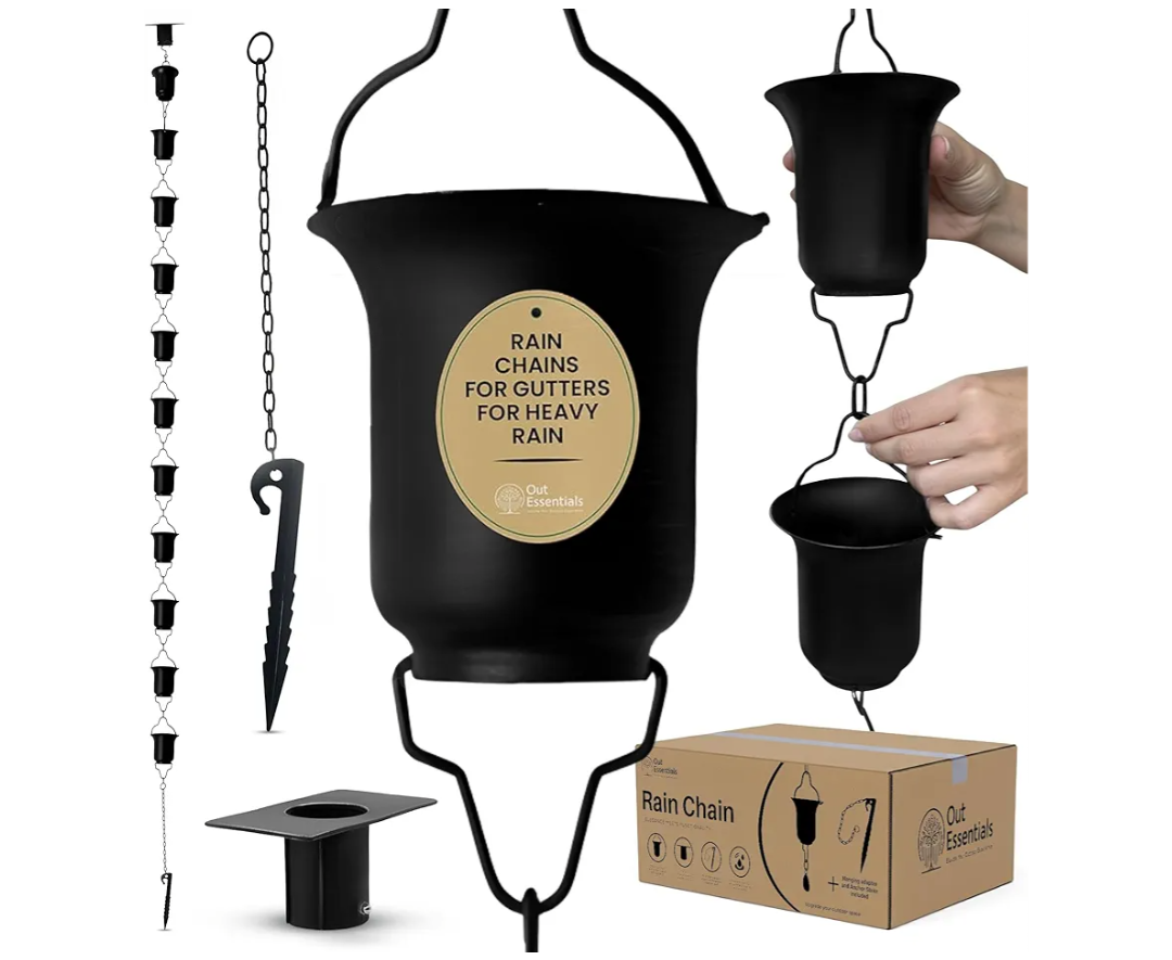 Black Rain Chain 9 FT, 11 FT Installed with Anchor Stake and Gutter Adapter, Durable Heavy Duty Rain Chains for Gutters for Heavy Rain, Rust Resistant, Outdoor Decor for Homeowners