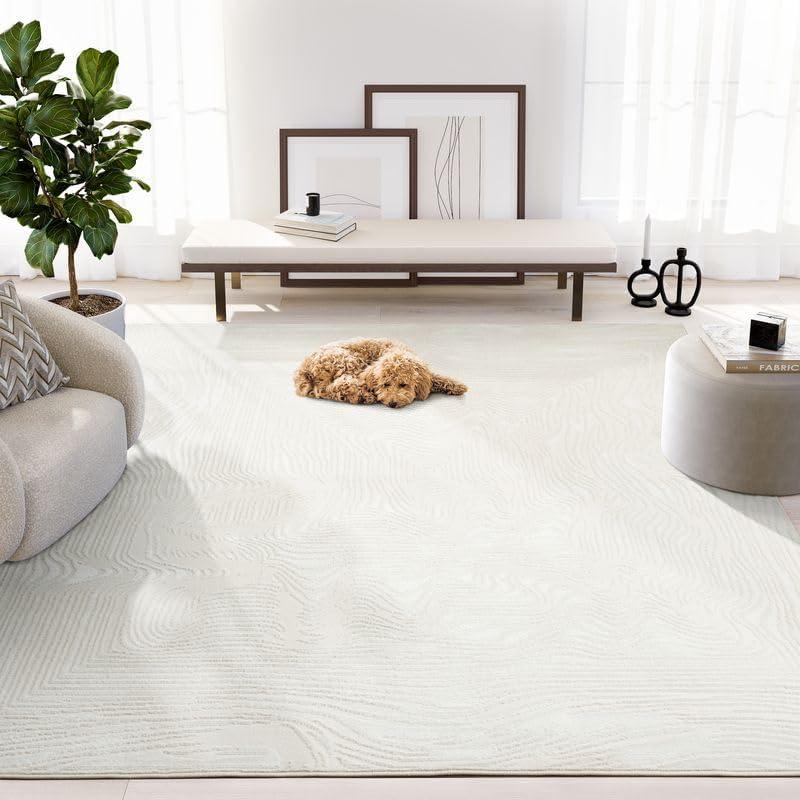 Abani Zen 8' x 10' Cream Rug  Neutral Layered Wavy Borders Pattern, Large Soft Area Rug for Living Room & Bedroom, Durable & Easy to Clean