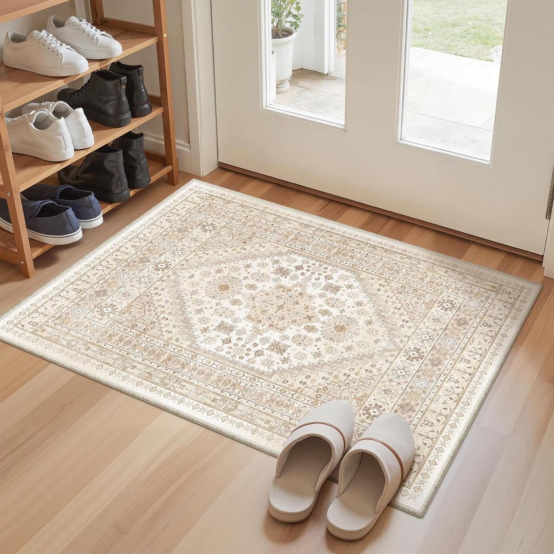 zesthome 2x3 Entryway Rug, Soft Washable Rugs, Non Slip Area Rug, Stain Resistant Low Pile Rugs for Bedroom, Vintage Rug for Door Mat, Kitchen (Cream/Beige,2'x3')