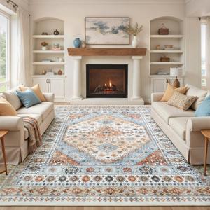 Carpelux 8x10 Area Rugs for Living Room, Washable Large Area Rug, Vintage Carpet, Non Slip Backing & Stain Resistant Carpets for Bedroom Dining Indoor Nursery Home, Orange/Light Blue