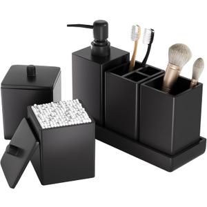 Black Bathroom Accessories Set Resin 6PCS, Square Toothbrush Holders Set Complete with Soap Dispenser, Vanity Tray, Tumbler, Cups and Cotton Swab Jars for Counter, Sink or Small Spaces