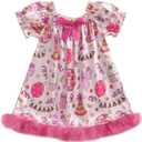 Birthday Girl Pajamas Dress Silk Stain Nightgown Feather Trim Pjs Outfits Toddler Kids Little Girl Nightdress Gift (3-4T, Pink)