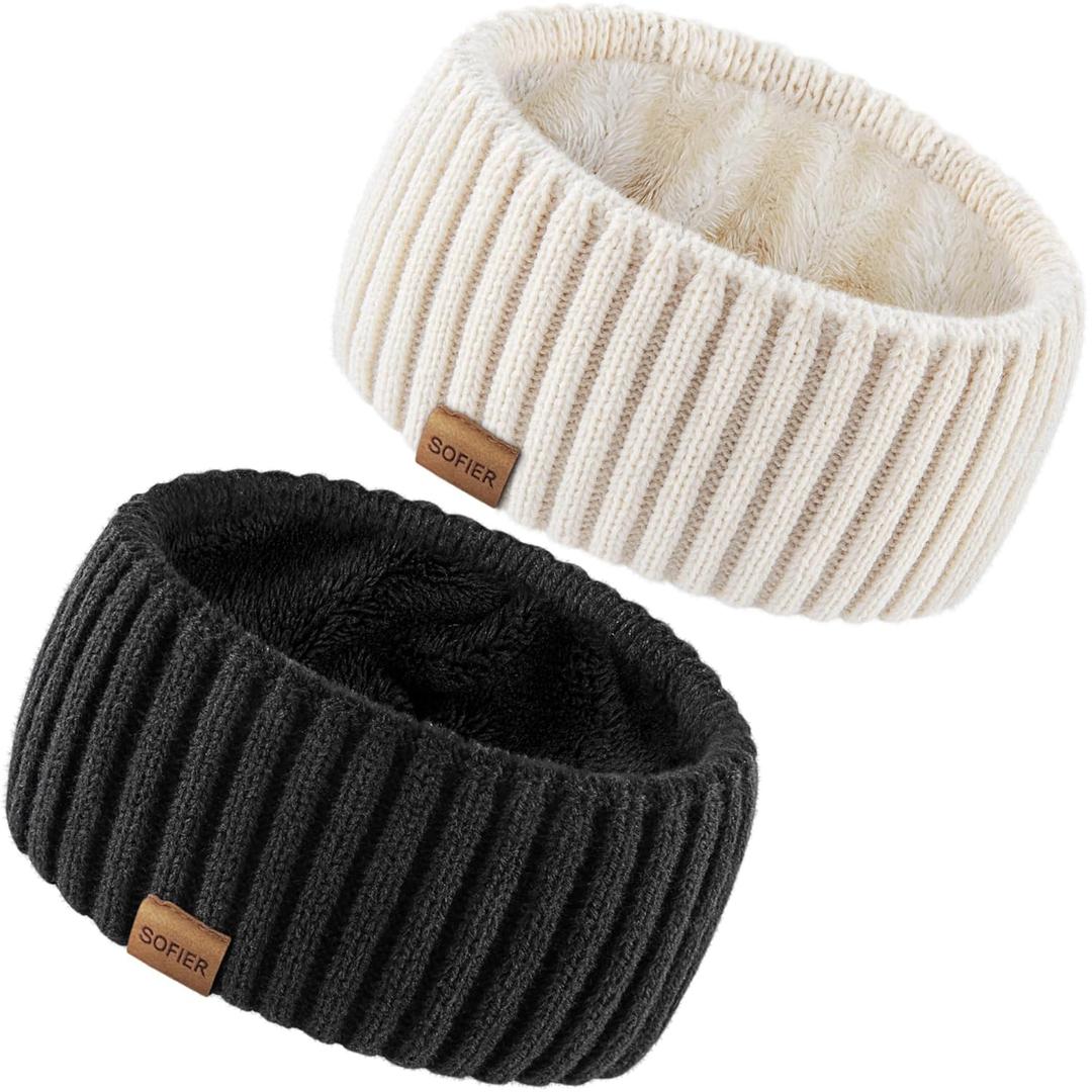 Sofier Winter Headbands for Women 2 Packs Knit Ear Muffs With Thick Fleece Lined Cold Weather Ear Warmers Christmas Stocking Stuffers Gifts (Black+Beige)