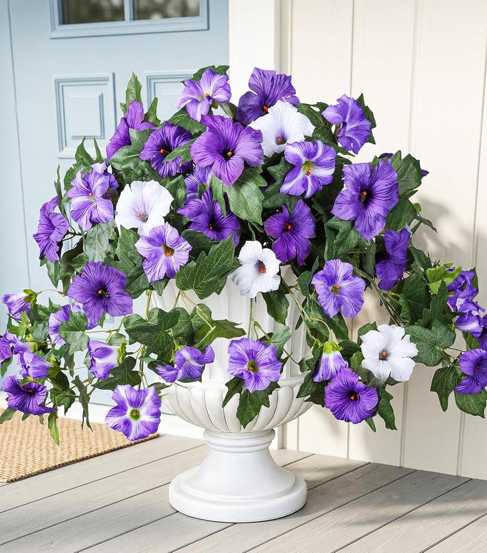 HyeFlora Artificial Flowers for Outdoors 2PCS Faux Petunias Silk Fake Flowers for Outside Planter UV Resistant Realistic Home Garden Porch Decor (Purple)
