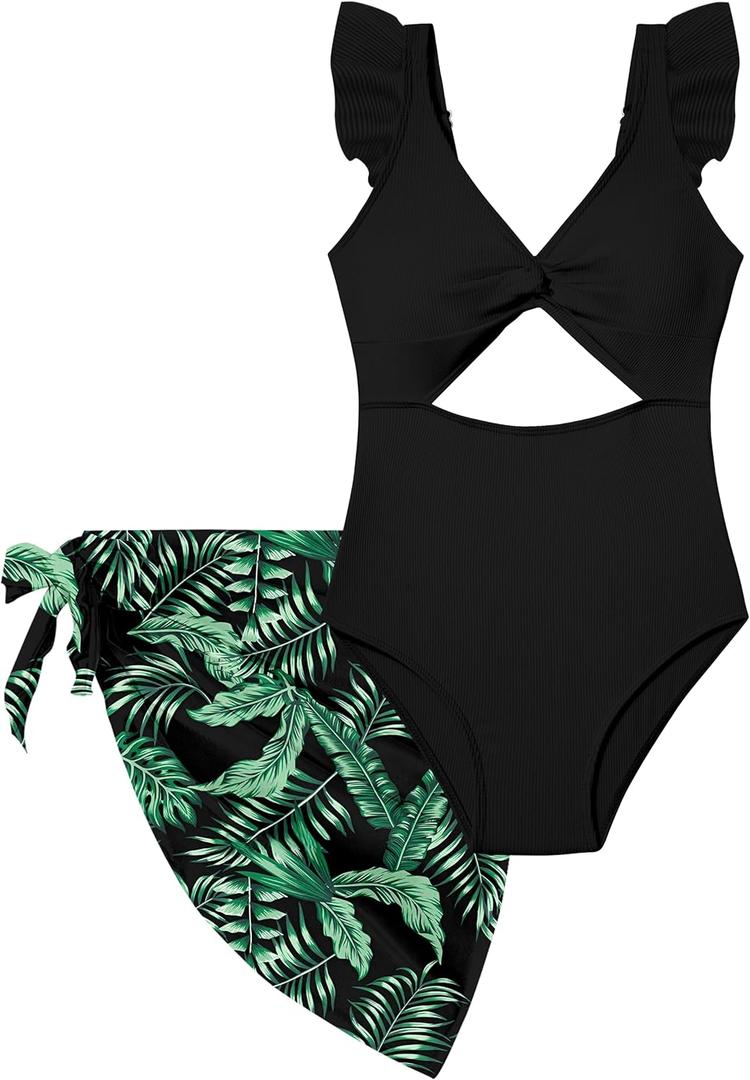 Girls One Piece Swimsuit Cut Out Ruffle Bathing Suit Twist V Neck Swimwear Solid Color with Cover Up Skirt 7-18T (Black, 13-14Y)