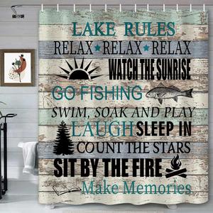 Rustic Lake Rules Shower Curtain for Bathroom, Lake Life Lodge Cabin Farmhouse Relax Quotes Vintage Country Wooden Plank Bathroom Decor Sets Camper RV Waterproof Bath Curtain with Hooks, 72"W x 72"L (Pack of 1)